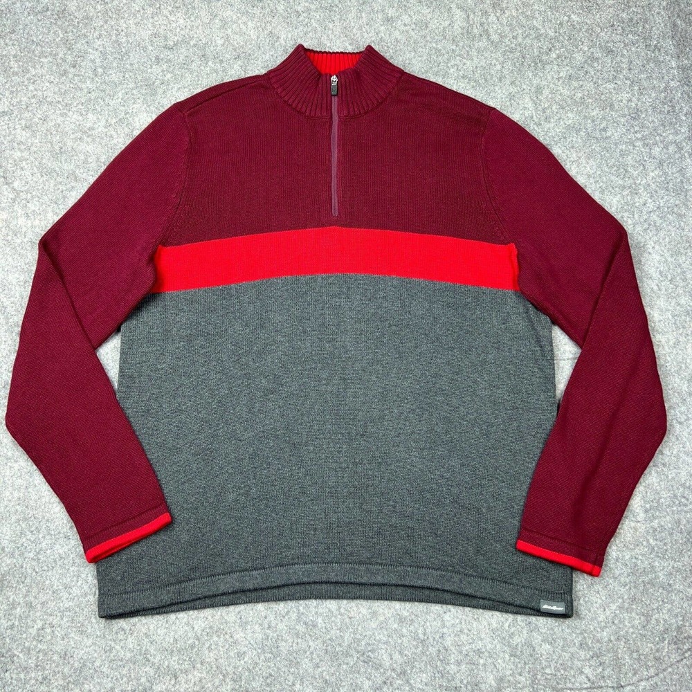 Eddie Bauer Sweater Mens Extra Large Tall Red Gray 1/4 Zip Mock Neck Outdoors‎